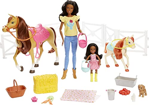 Barbie Familia, Juego de amistades de los Animales, muñeca marrón y minimuñecas Chelsea, Caballo...