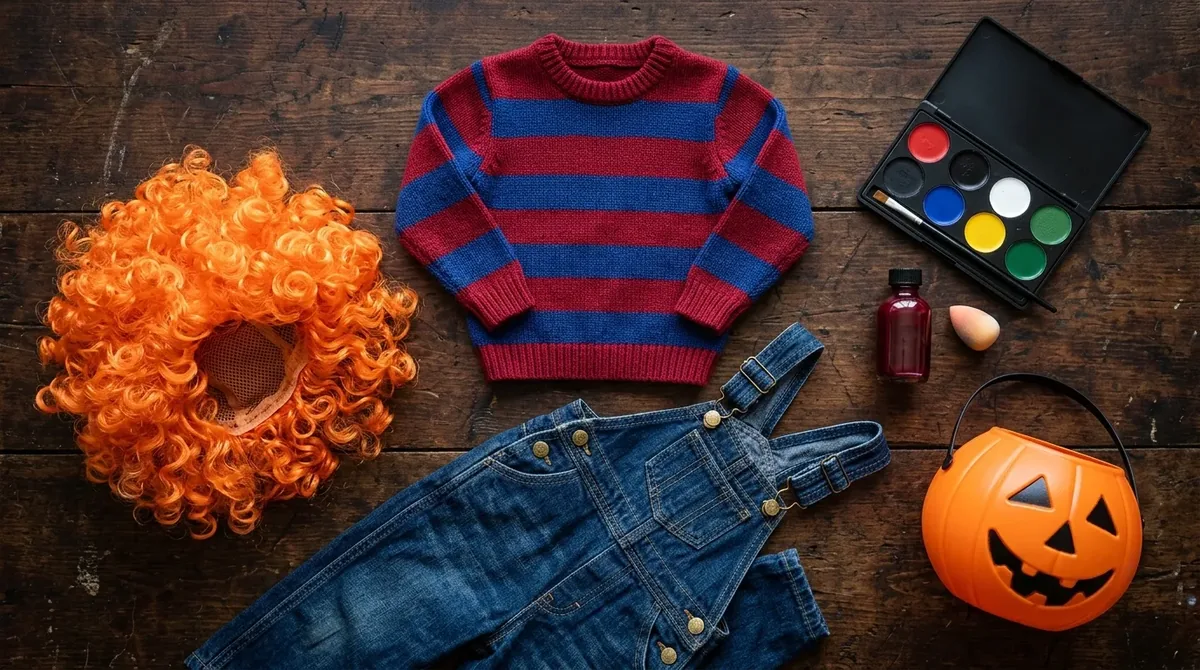 Accesorios para hacer un disfraz casero de Halloween: jersey de rayas, peto vaquero, peluca y maquillaje