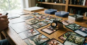 Cartas coleccionables sobre una mesa con una lupa de joyero examinando una de ellas
