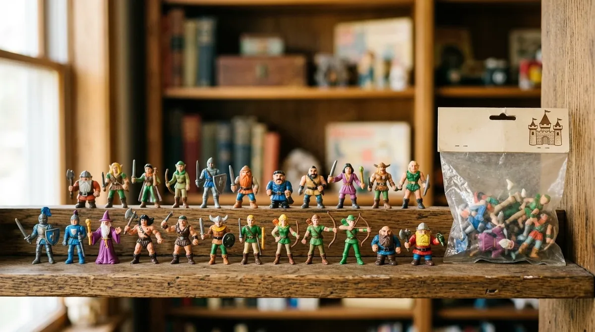 Colección completa de pequeñas figuras de plástico antiguas alineadas en una estantería junto a una bolsa precintada