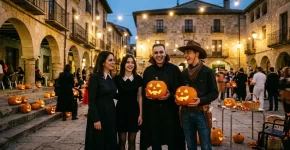 Grupo con disfraces de Halloween caseros en una plaza al anochecer con calabazas