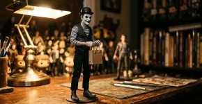 Figuras de Art el Payaso (Terrifier): NECA, Funko, Mezco y Trick or Treat Figura de acción de un payaso de terror en blanco y negro sobre una mesa de coleccionista