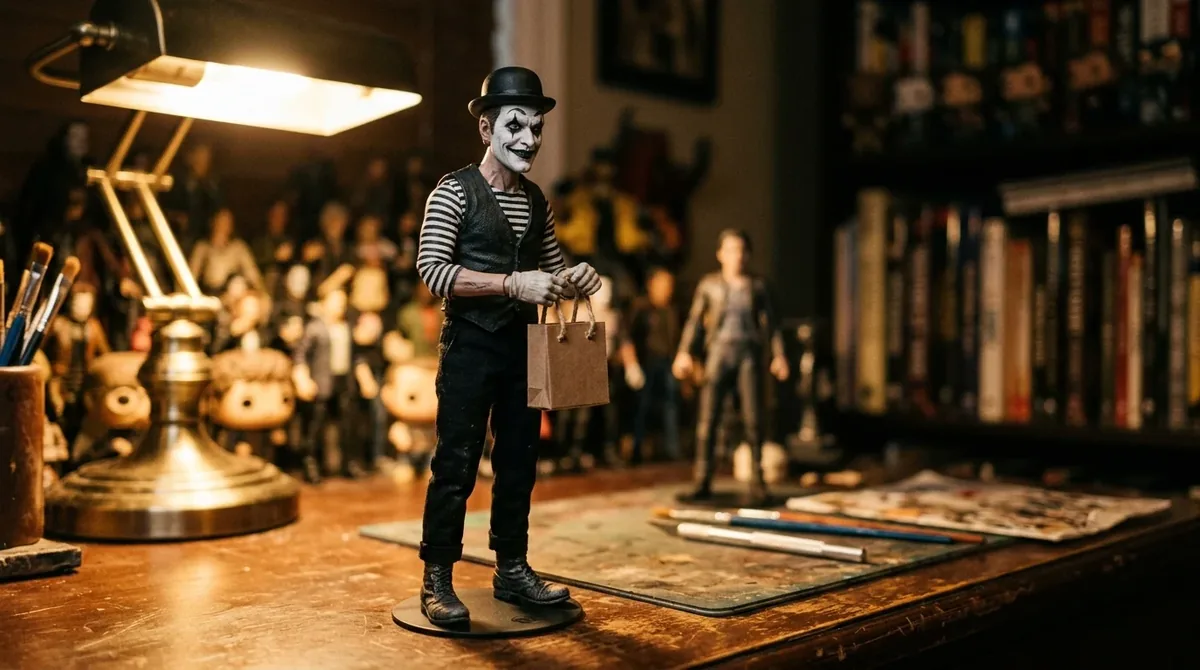 Figura de acción de un payaso de terror en blanco y negro sobre una mesa de coleccionista