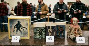 Las figuras y juguetes de terror más caros del mundo Juguetes de terror antiguos de los años 70 y 80 en una mesa de subastas con números de lote