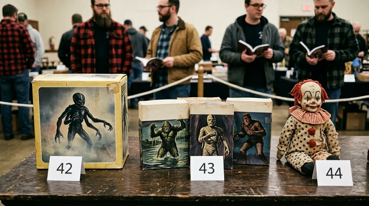 Juguetes de terror antiguos de los años 70 y 80 en una mesa de subastas con números de lote