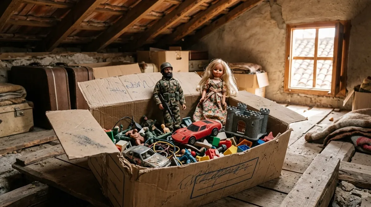 Caja de cartón en un desván con juguetes antiguos de los años 70 y 80: figura de soldado, muñeca, coche de carreras y castillo