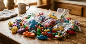 Juguetes del Happy Meal (Cajita Feliz) que valen dinero Montón de pequeños juguetes de plástico de menú infantil de los años 90, algunos en su bolsa precintada