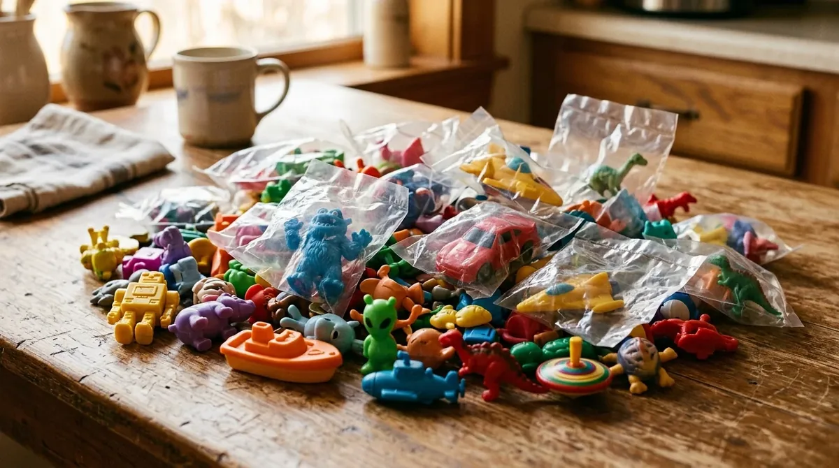 Montón de pequeños juguetes de plástico de menú infantil de los años 90, algunos en su bolsa precintada