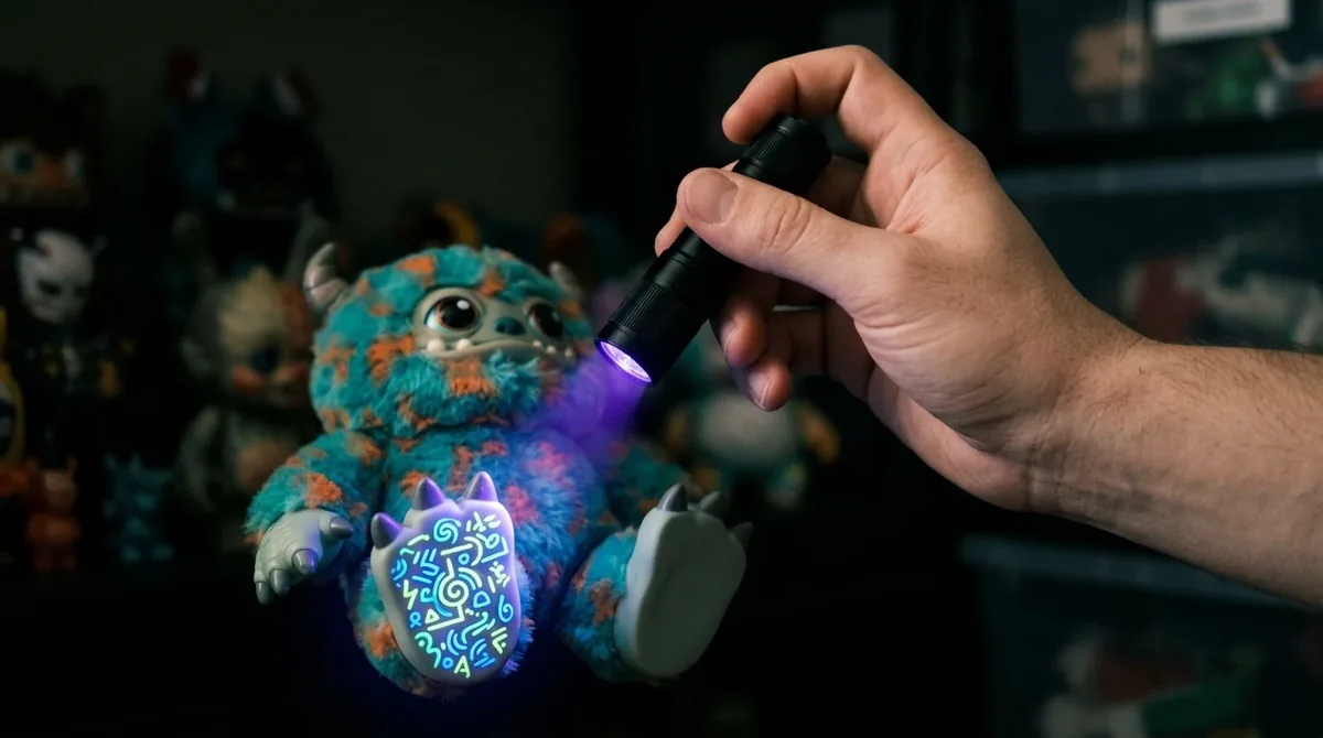 Linterna ultravioleta iluminando el pie de un muñeco coleccionable para revelar un sello oculto