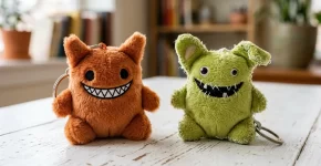 Labubu: qué es, cuánto cuesta y cómo saber si es original o falso Dos llaveros de peluche de monstruo con sonrisa dentada, uno bien acabado y otro con costuras irregulares