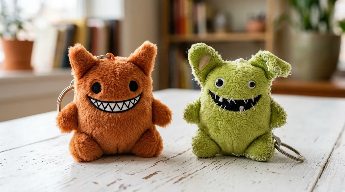 Dos llaveros de peluche de monstruo con sonrisa dentada, uno bien acabado y otro con costuras irregulares