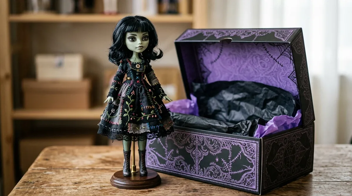 Muñeca de colección de piel verde con su caja abierta en tonos negro y morado