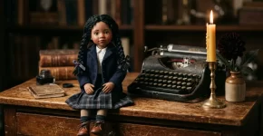 Muñeca de colección con trenzas negras y uniforme escolar junto a una máquina de escribir antigua
