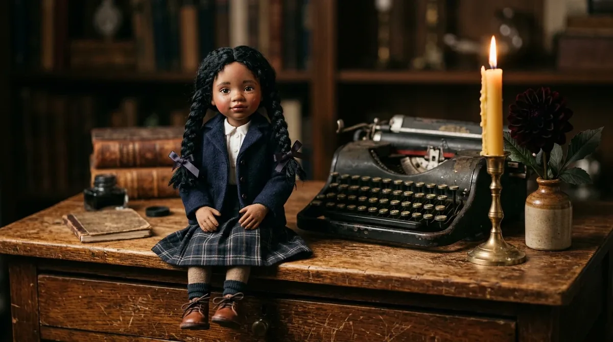 Muñeca de colección con trenzas negras y uniforme escolar junto a una máquina de escribir antigua
