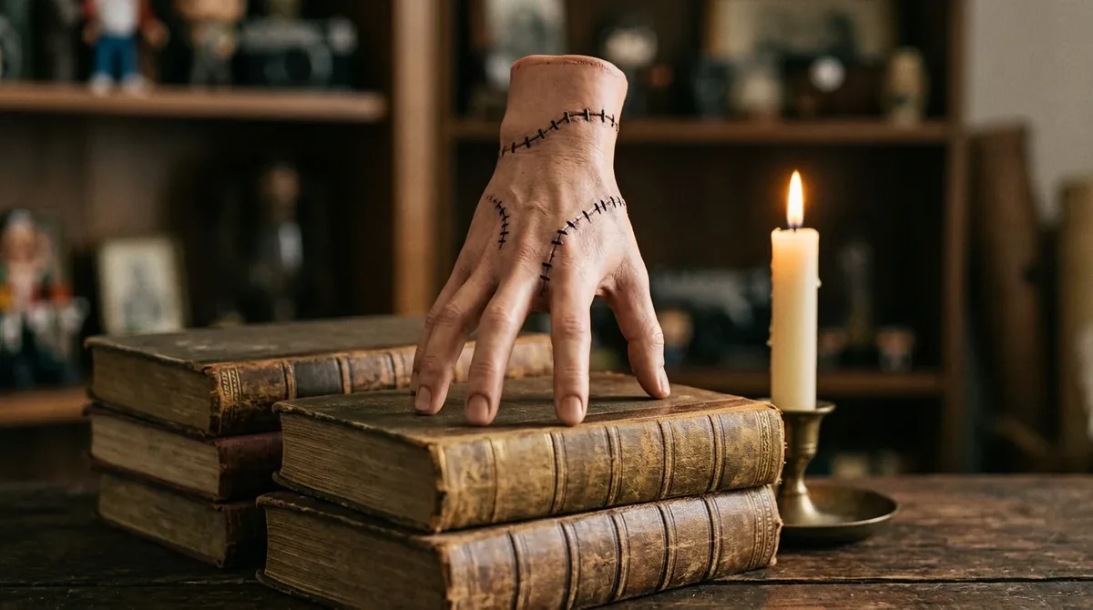 Réplica de una mano con cicatrices cosidas de pie sobre unos libros antiguos junto a una vela